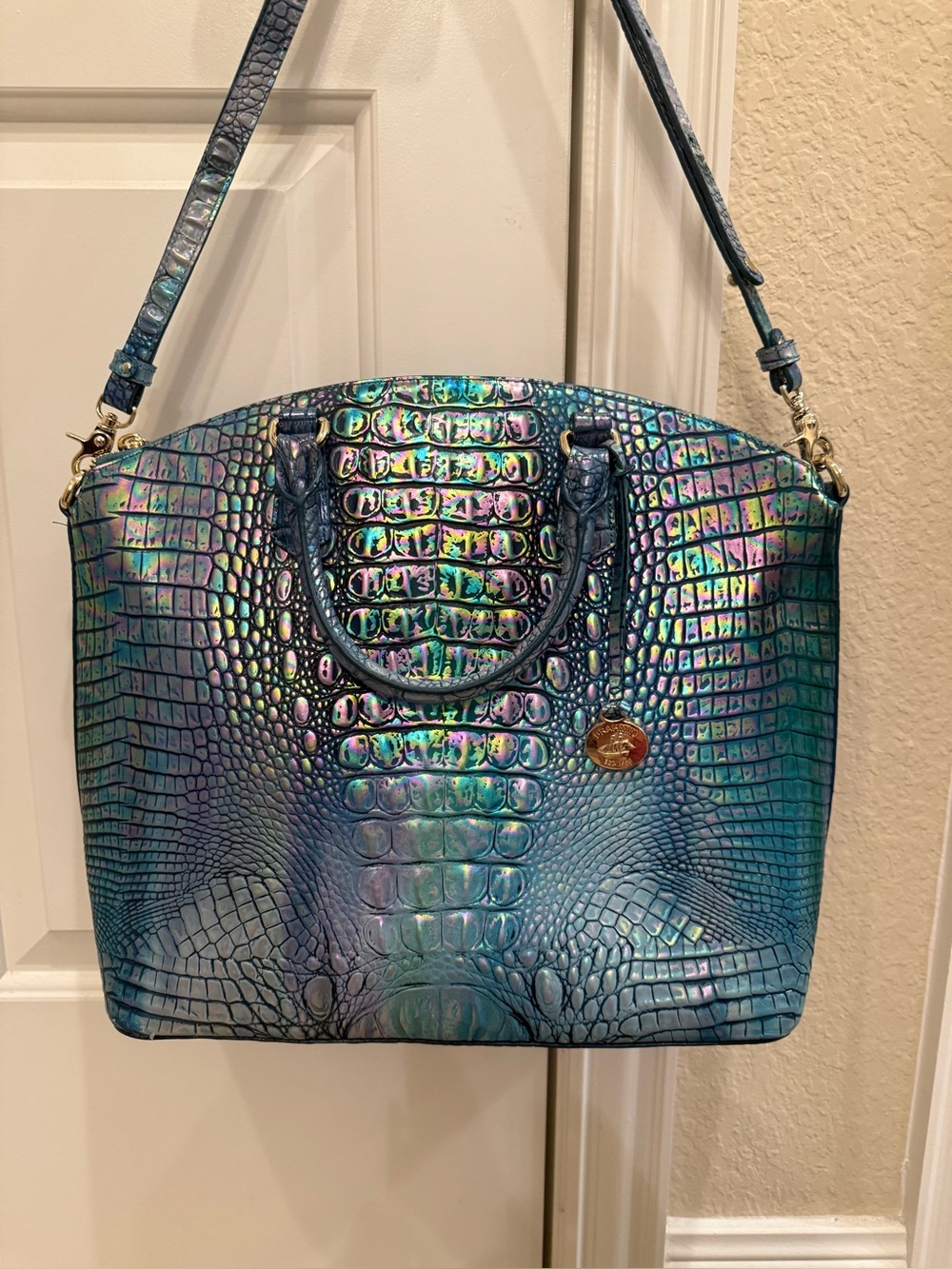 Brahmin Teal Iridescent Croc-Embossed Leather Shoulder Bag